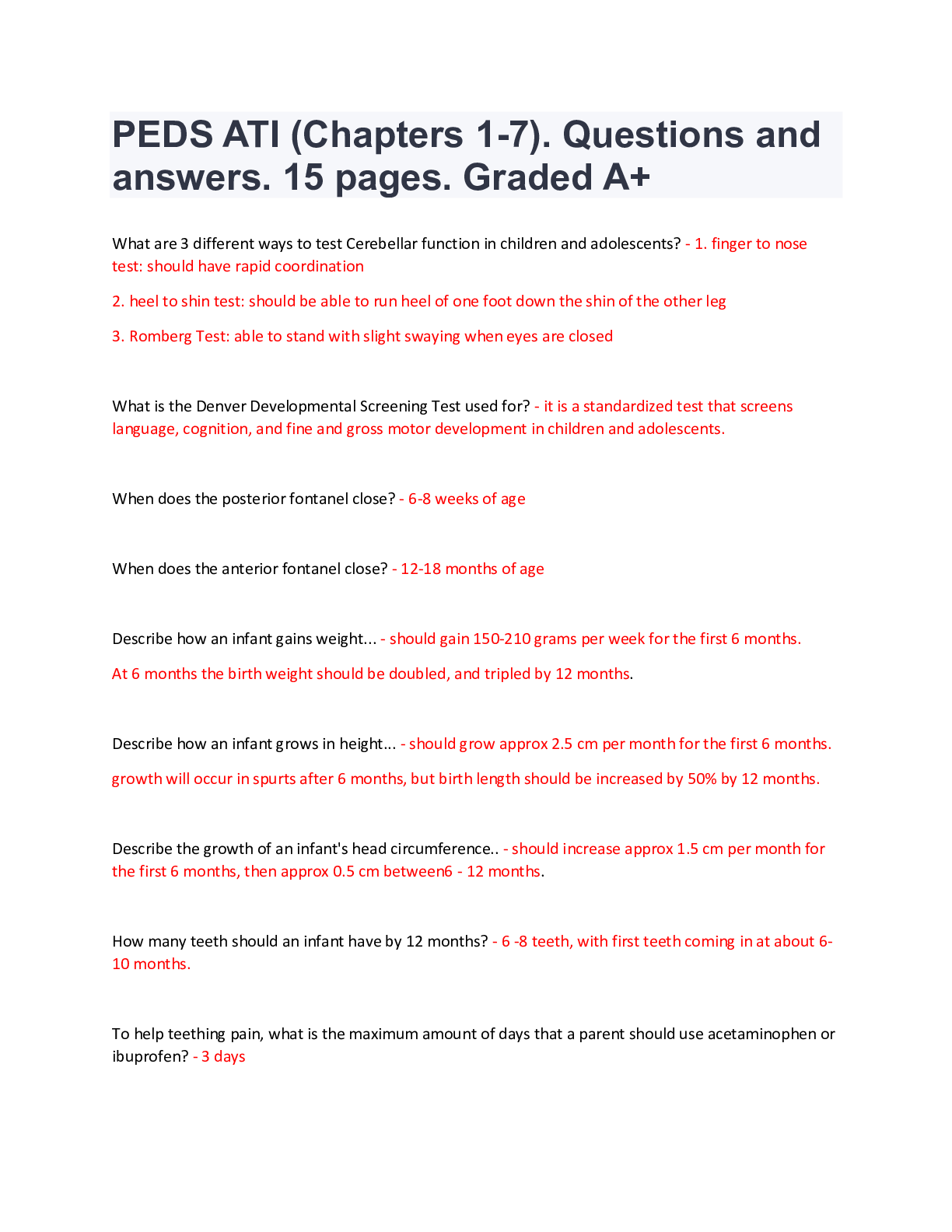 Preview image for PEDS ATI (Chapters 1-7). Questions and answers. 15 pages. Graded A+